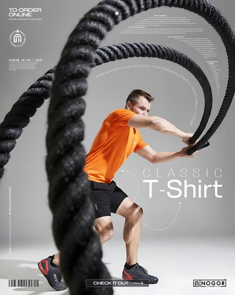 This creative features a person using battle ropes in a studio setting, highlighting the durability and fit of a bright orange performance t-shirt.